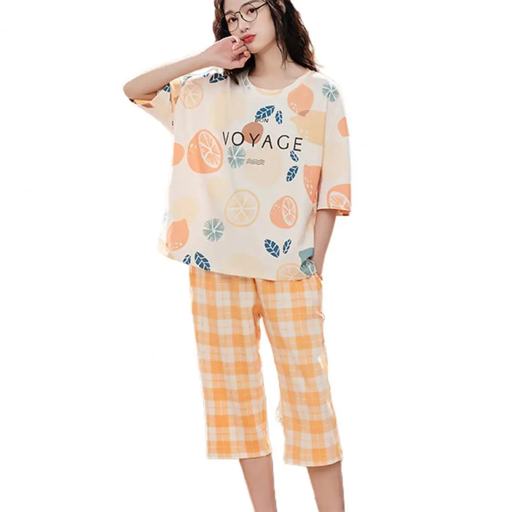 summer outfits for women 2023 Lounge Pajama Printed Short Sleeve O Neck T-shirt Elastic Waist Cropped Pants Trousers Sleepwear