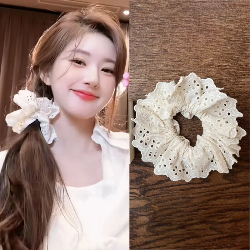 6Pcs White ballet style hollowed-out lace scrunchie fever hair tie Double three-dimensional fluffy fabric large Ring HA2716