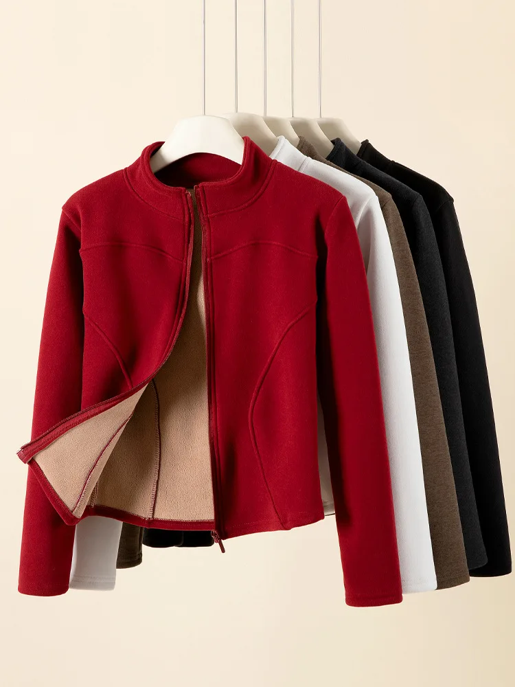 

stand collar sweater lambskin short coat women's autumn and winter wear slim-fit plus velvet padded warm yoga top