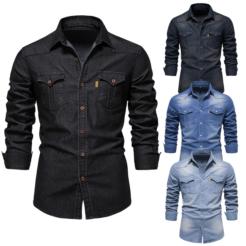 Wooden Button 5XL Big Size Slim Fit Light Blue Male Denim Shirt Men Black Jeans Cowboy Shirts Men Plus Size 5XL