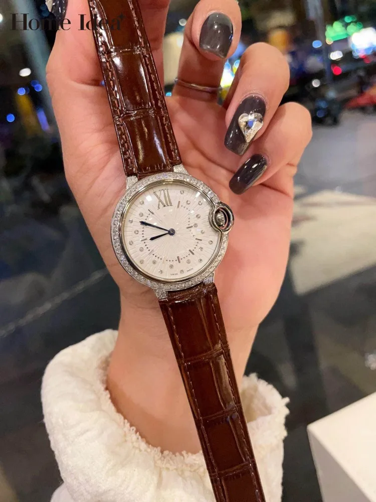 Vintage Office Ladies Work Shiny Diamonds Round Shape Wristwatch Genuine Leather Strap Pin Buckle Quartz Watch Jewelry Accessory