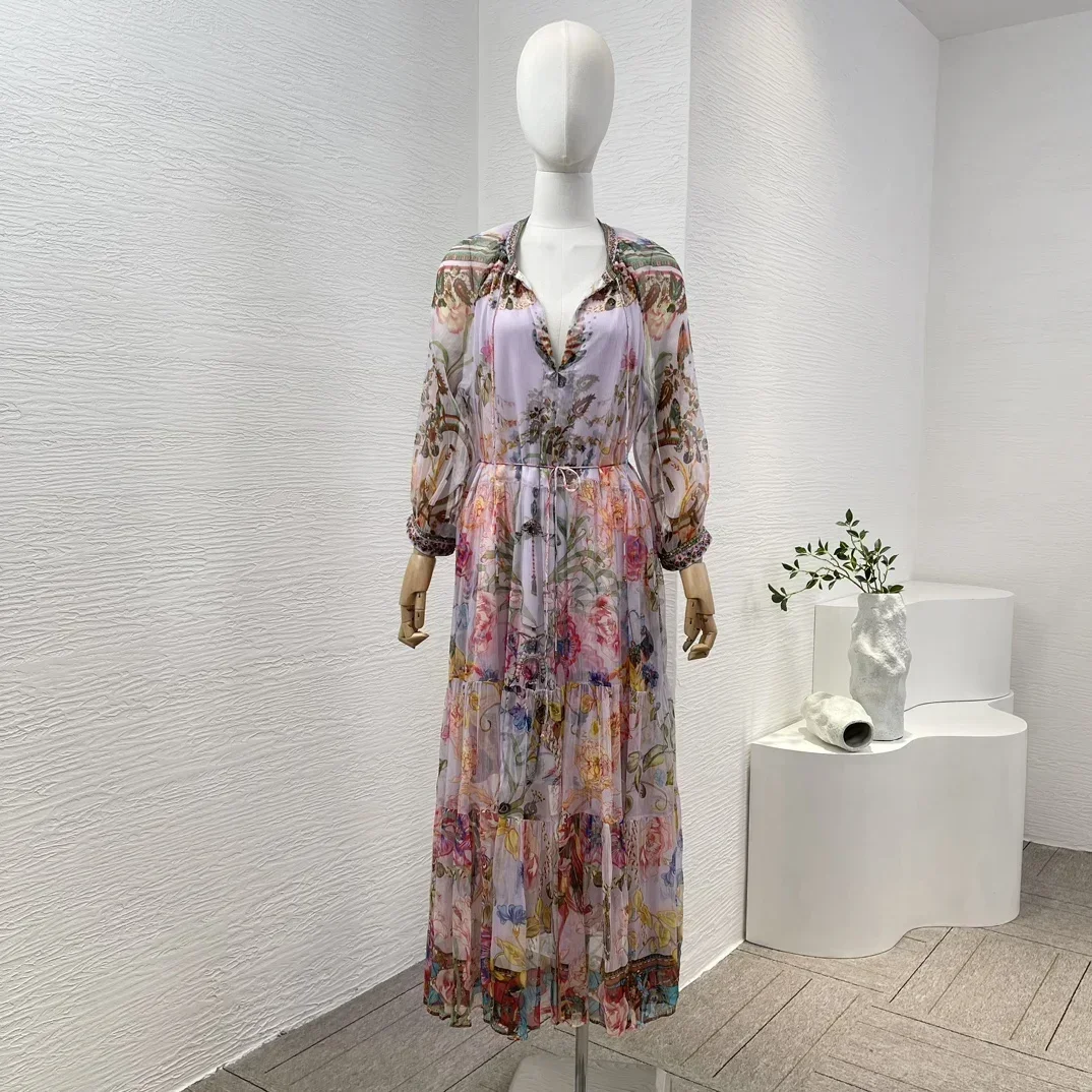 Womem's 2024 New High Qulity Multicolor Floral Print Long Sleeve V Neck Pleat Diamonds Pressed Spring Summer Midi Dresses