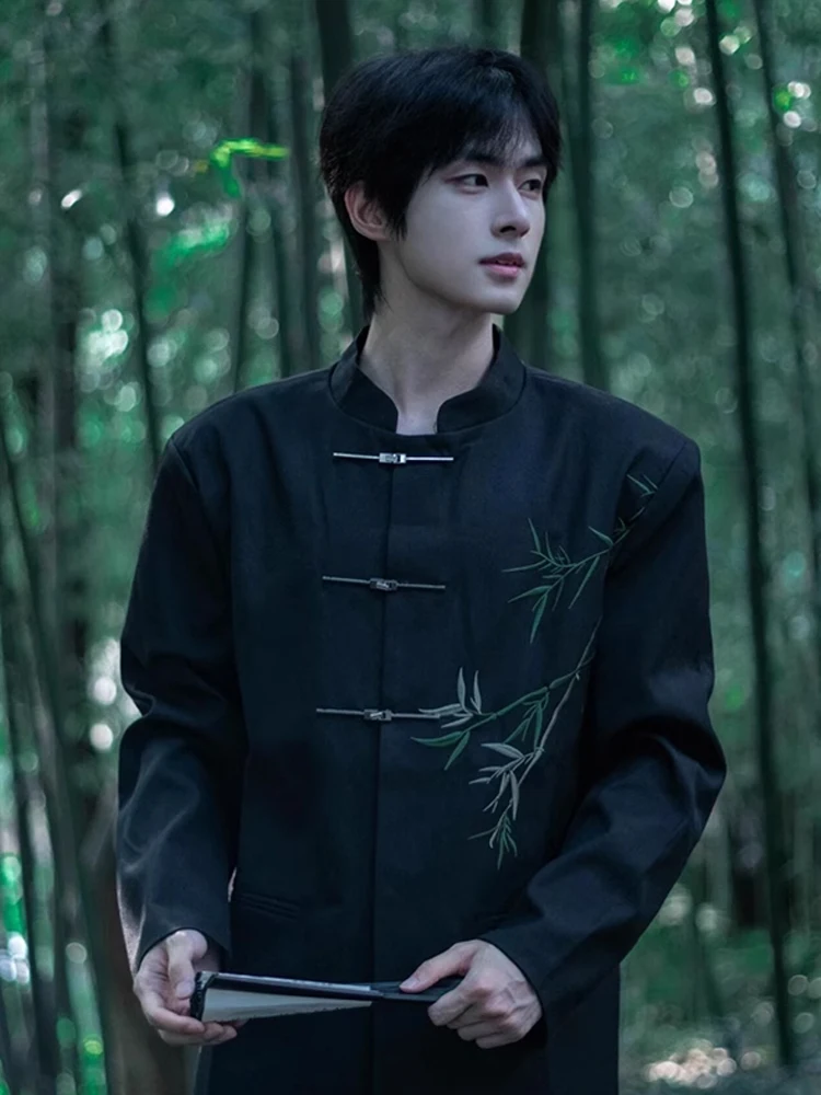 

New Chinese Sle Men's Suit Jaet Embroidered Bamboo Button Stand Collar High End Feeling Zhongan Coat Casual Leisure