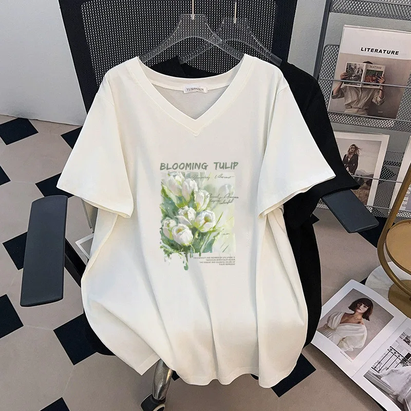 

170Kg Plus Size Women's Bust 170 Summer Loose Medium Long Short Sleeved V-Neck Printed T-Shirt Black White 5XL 6XL 7XL 8XL 9XL