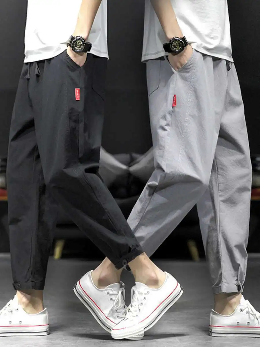 

Casual Cotton Lin Men's Straight Leg Trousers Loose Fit Nine-Piece Sport Men's Pants Summer Thin Elastic Waist Active Sle