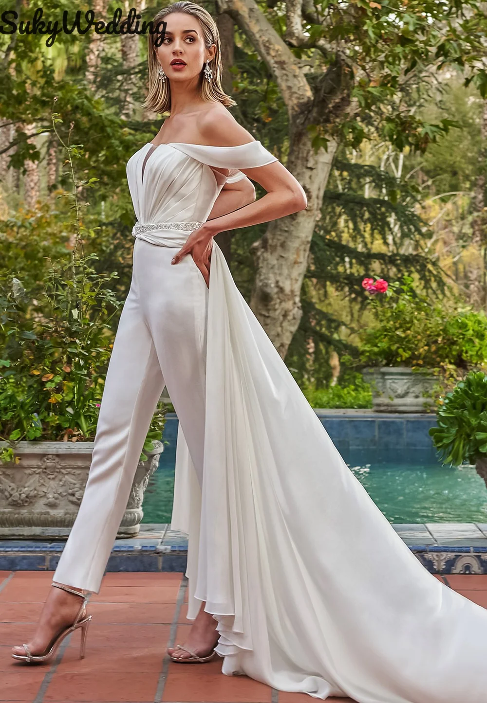 Chiffon Wedding Dresses Jumpsuit With Detachable Skirt Beads Bridal Pants Suit Off Shoulder Ruched 2 In 1 Bride Bridal Gowns