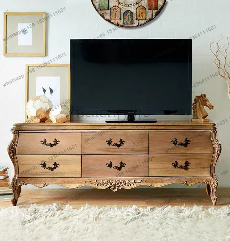 French American country solid wood retro dining side cabinet hand-carved living room TV cabinet