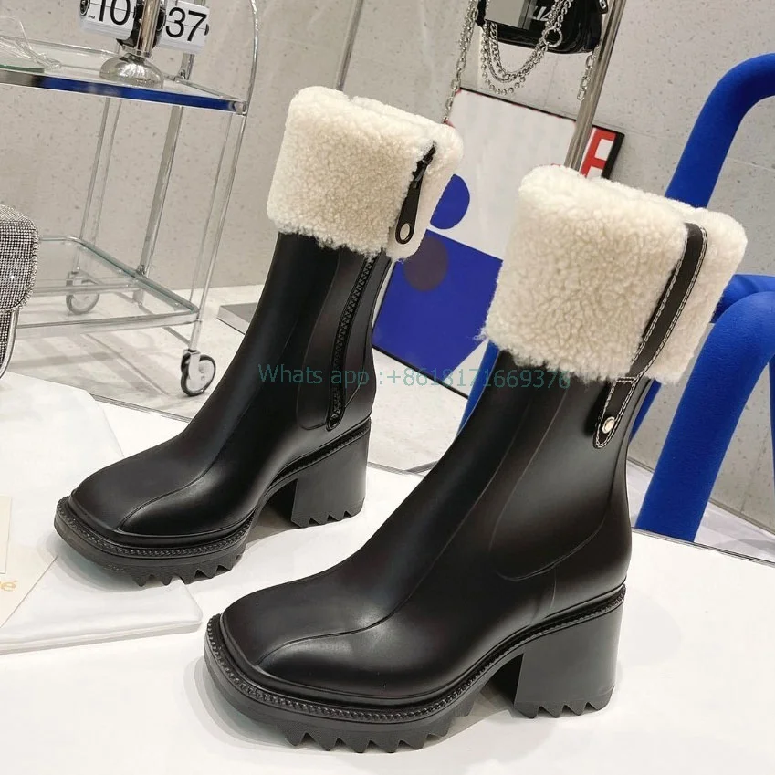 Zip Fur Block High Heel Leather Mid-calf Boots Women Luxury Square Toe Boots Lady Winter Warm Fashion Shoes Fashion New 2022