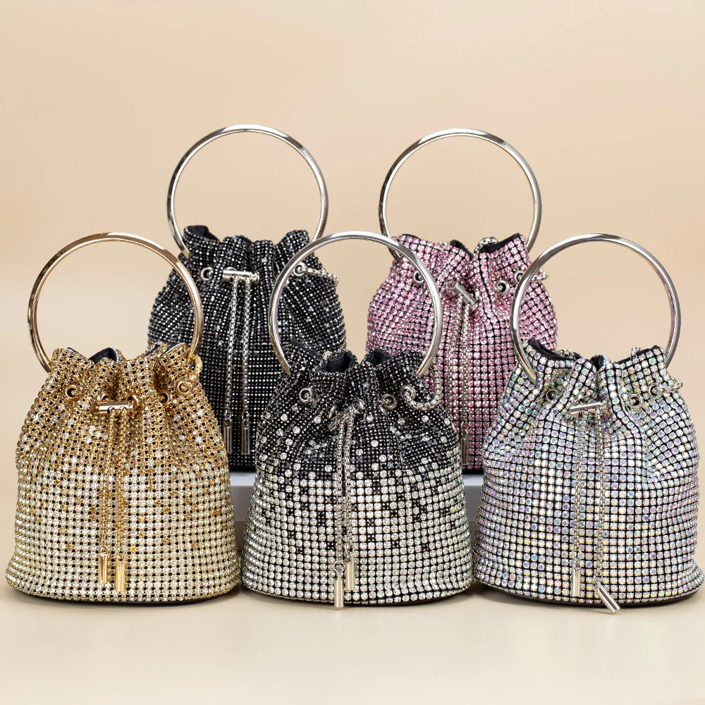 Rhinestone/Sequin Bucket Bag with Jewelry Set Women Silver Bling Evening Handbag Glitter Diamond Cell Phone Purse