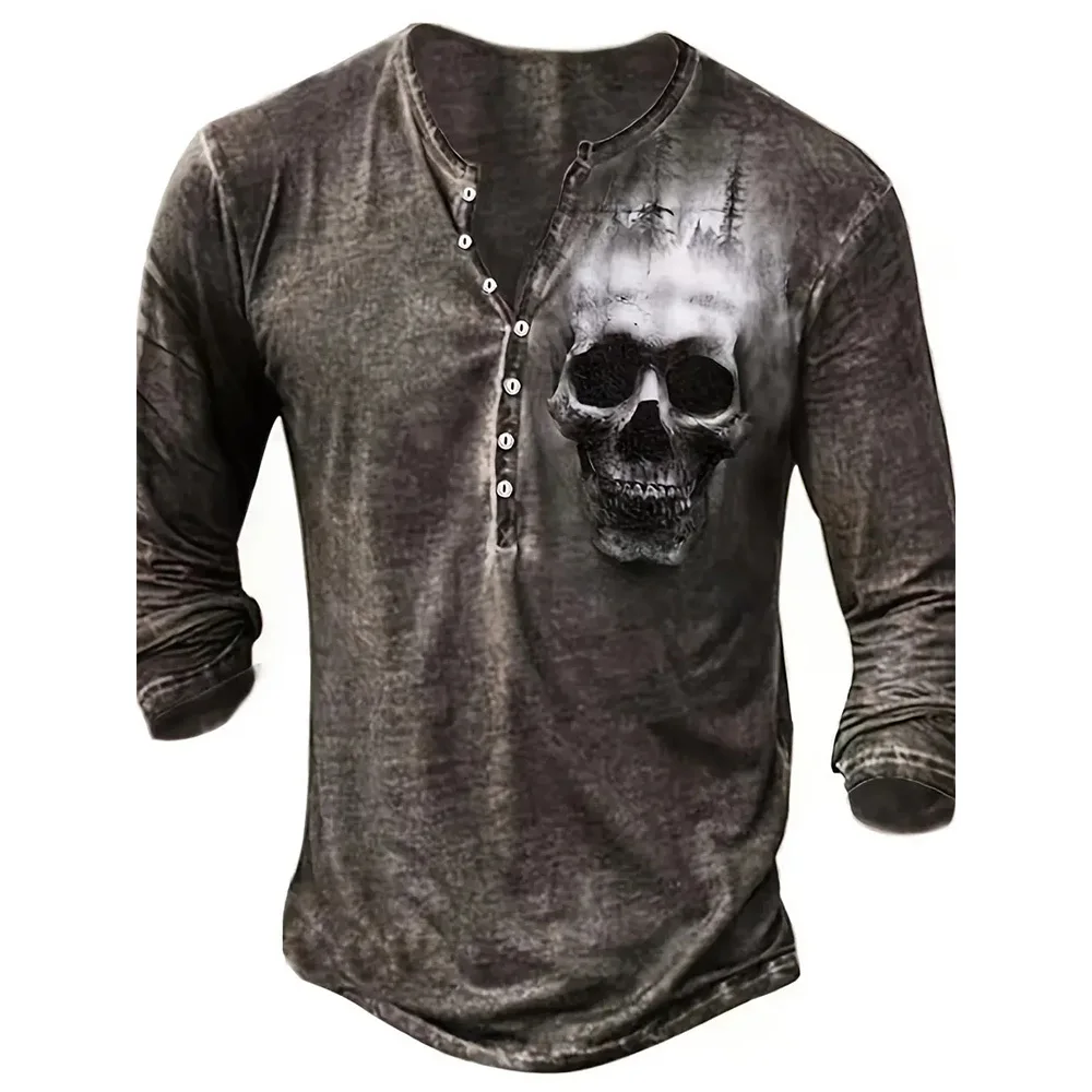 Henry Men's V-neck Shirt 3D Skull Pattern Printed Autumn New Product Retro Classic Long Sleeve Top Men's Punk Street Style Gothi