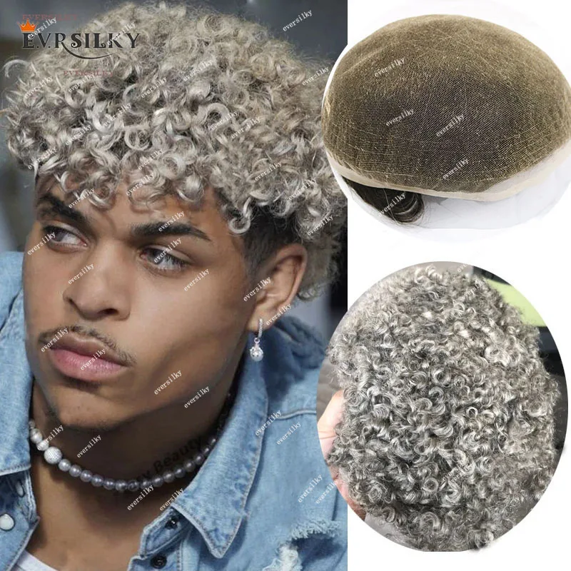 

15mm Afro Curly Grey Black 1B50 1b80 Full Swiss Lace Men's Toupee Natural Hairline Human Hair Bleach Knots Breathable Prosthesis