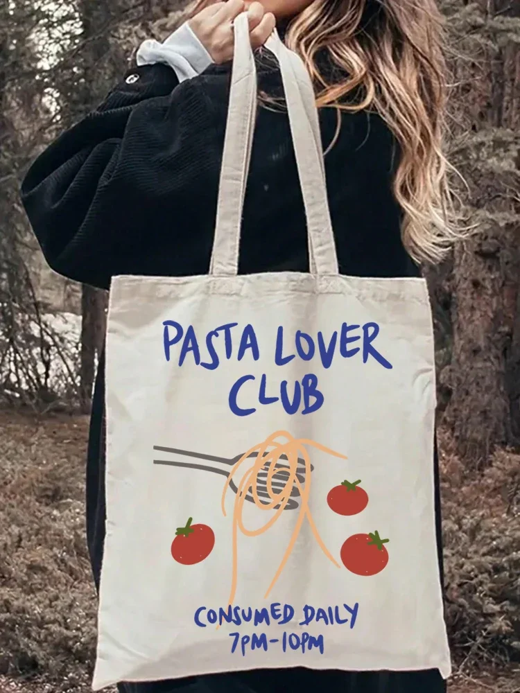 1pcs Pasta Lover Club Artistic Print Canvas Tote Bag Vintage Style Art Bag Luggage Bag Reusable Shoulder Bags