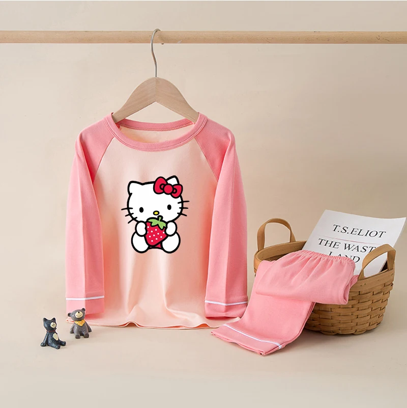 

MINISO Hello Kitty, детские пижамные комплекты из 100% хлопка, одежда для маленьких девочек и мальчиков, пижамы, детская рубашка с длинными рукавами с героями мультфильмов + штаны