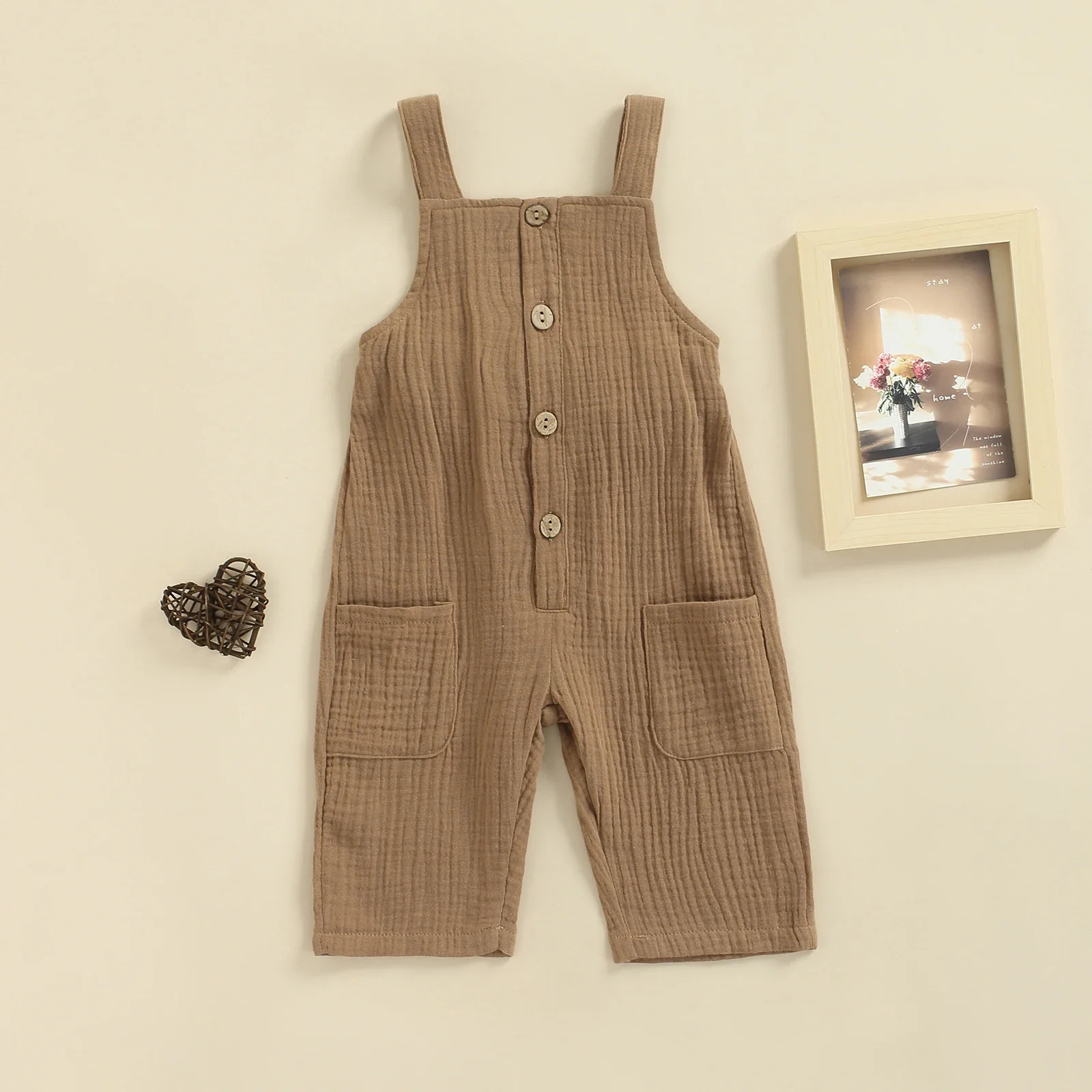 Baby Girls Boys Solid Color Jumpsuit, Sleeveless Square Collar Suspender Trousers