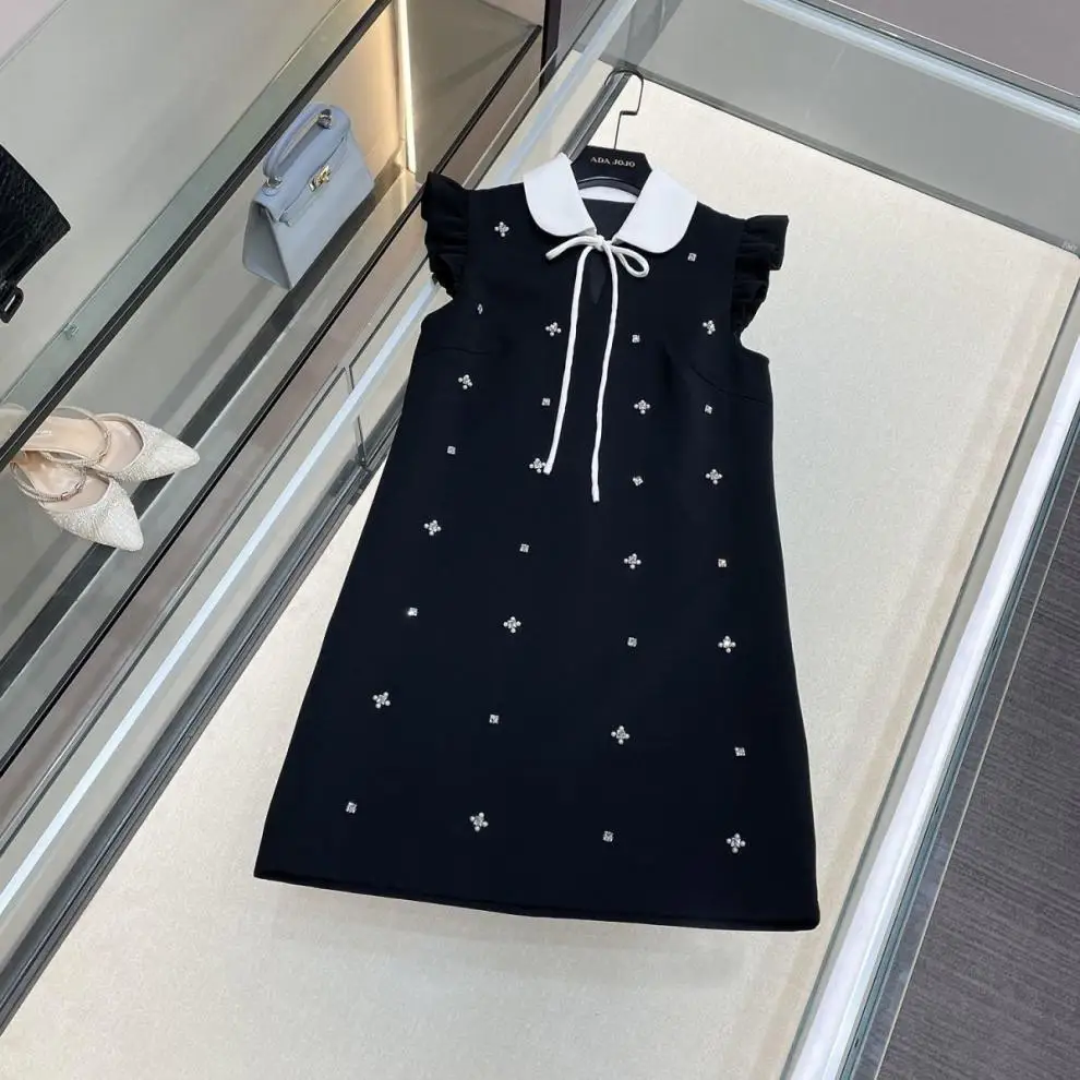 

High-end women's clothing Xiaoxiangfeng diamond beaded bow doll collar flying sleeve women dress LOOSE FIT