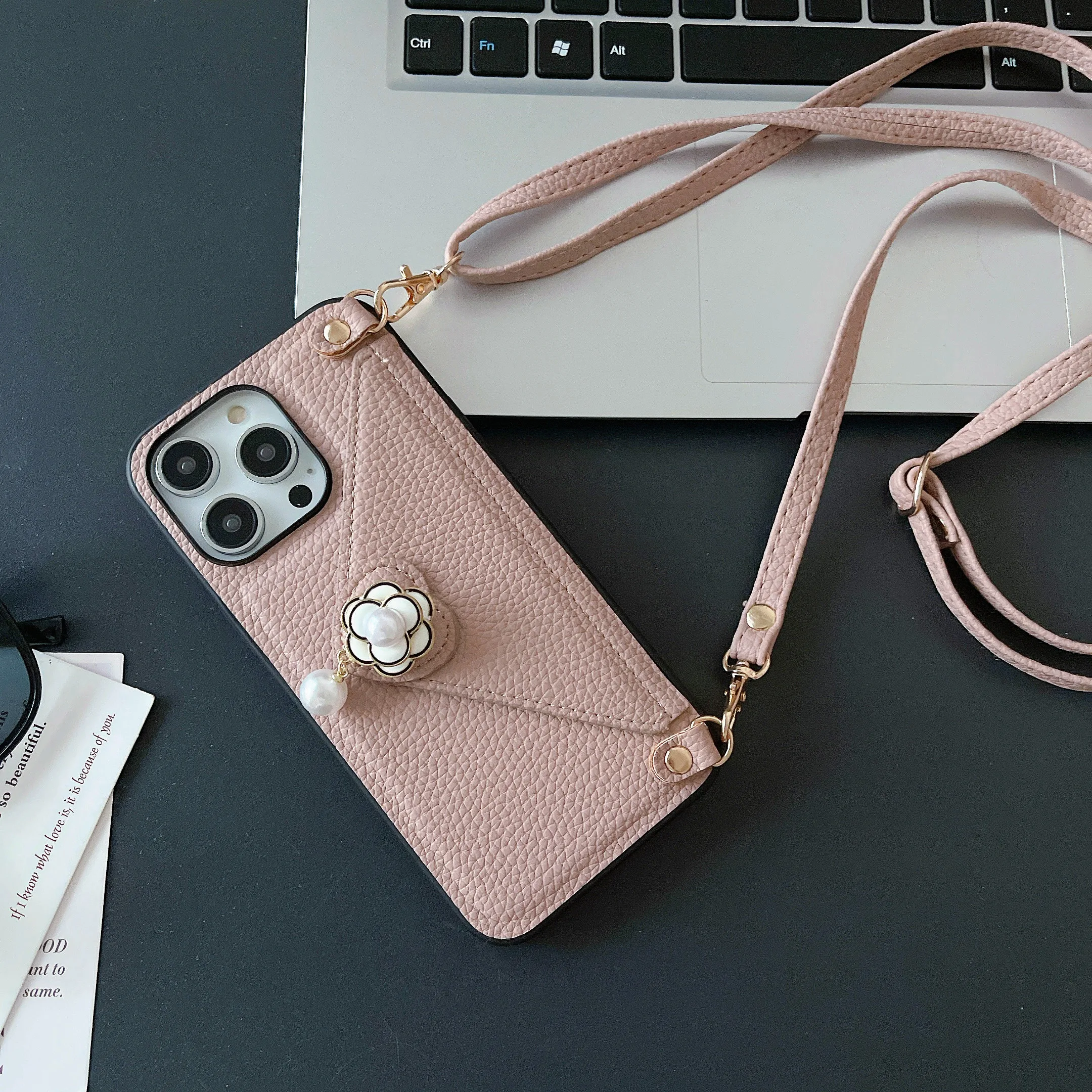 Camellia Flower Pearl Crossbody Lanyard Envelope Phone Case for IPhone 14 13 12 11 Pro Max Card Holder Wallet Leather Cover