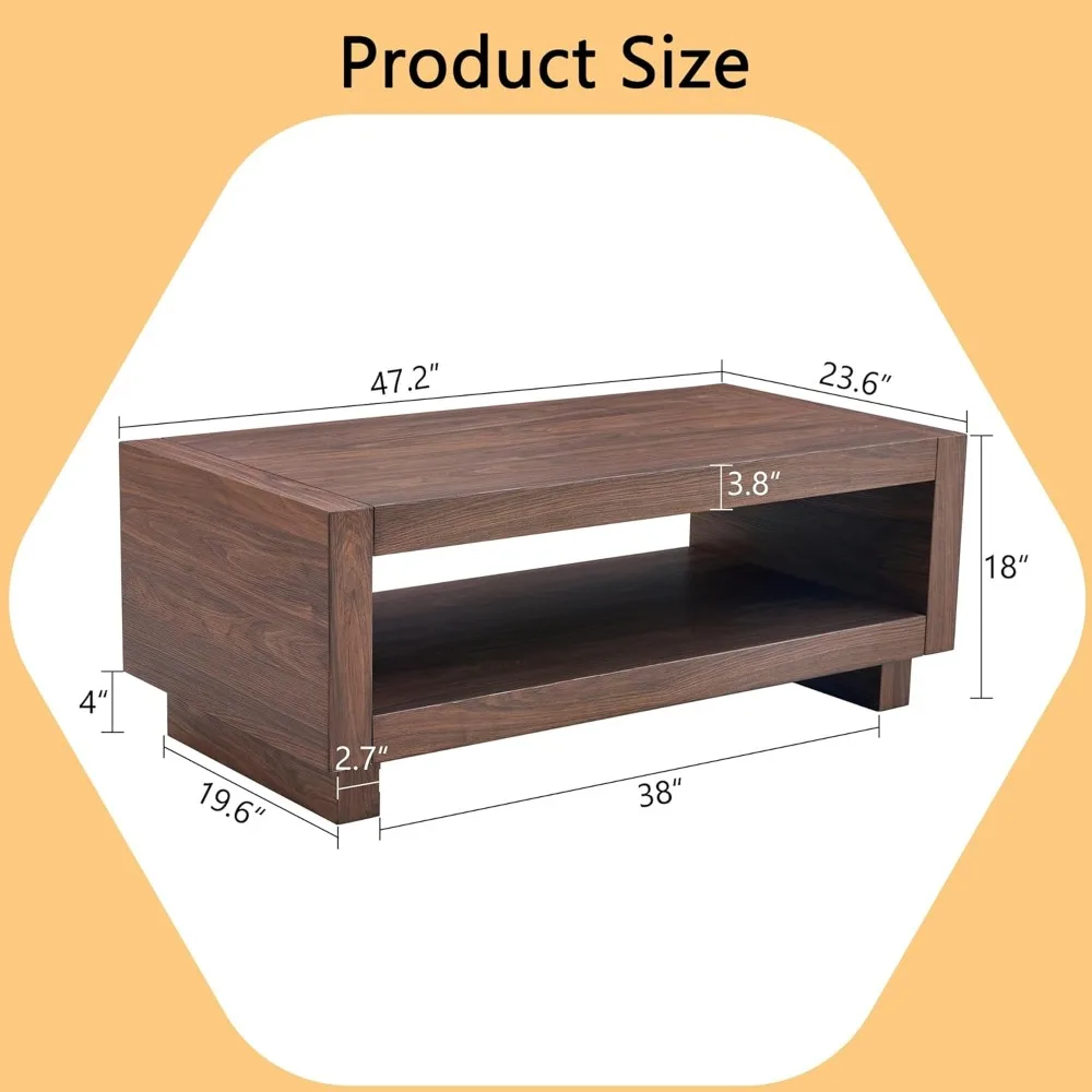 Grande mesa de centro retangular contemporânea de madeira de 2 camadas com prateleira de armazenamento para sala de estar com acabamento em nogueira