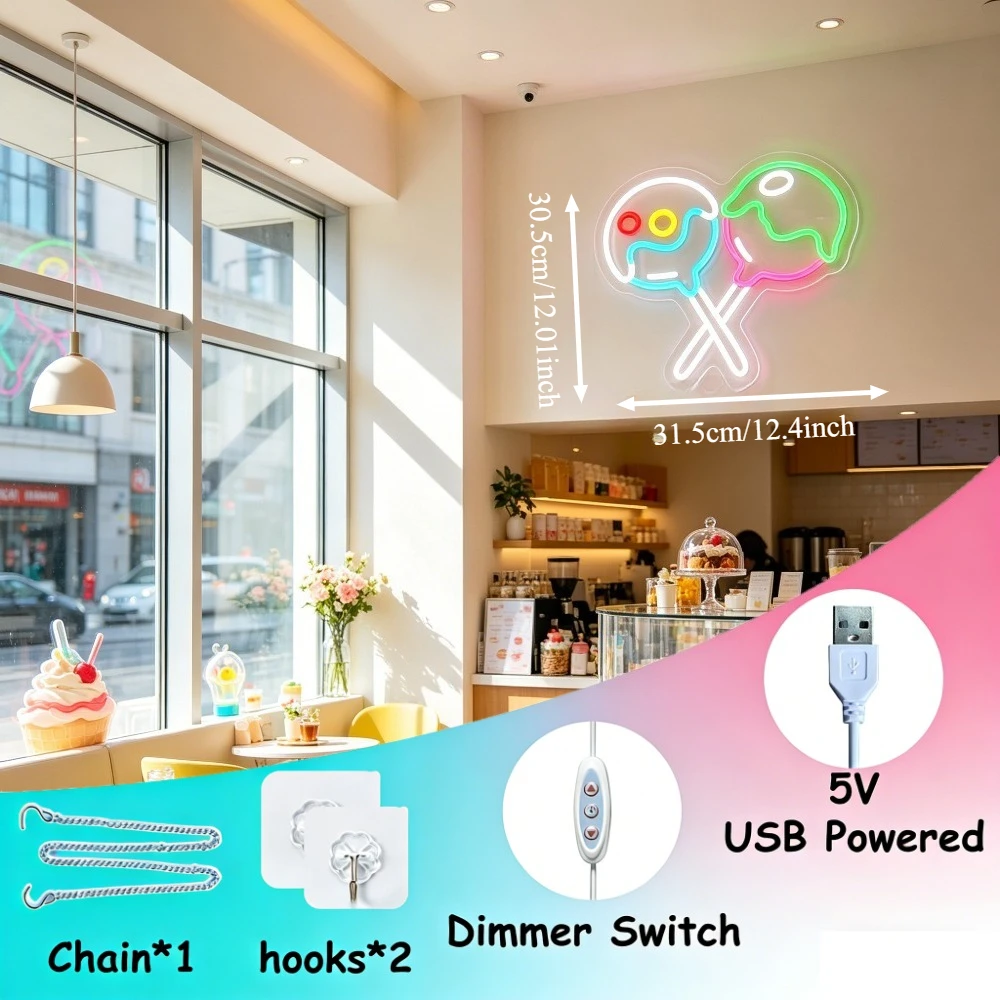 Lollipop Crossed LED Neon Sign Dimmable USB Wall Light for Kids Bedroom Birthday Party Candy Store Sweet Shop Windows Decor Gift