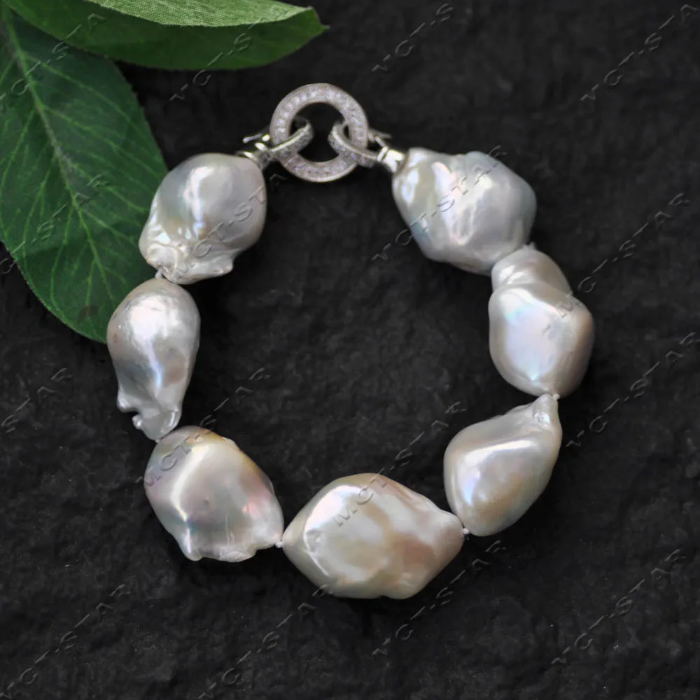 

Z14312 Огромный 8 дюймов 30 мм браслет с белым бриллиантом в стиле барокко Keshi Reborn Pearl CZ