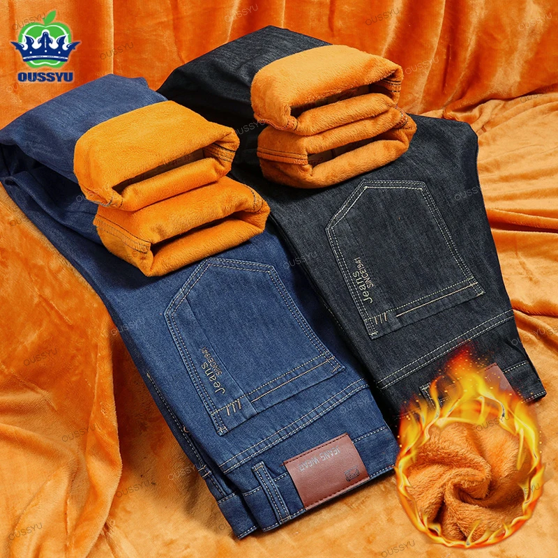 2024 Winter Fleece Warm Thick Jeans Men Business Denim Business Straight Blue Plush Flocking Trousers Male Fat Large Size 28-40