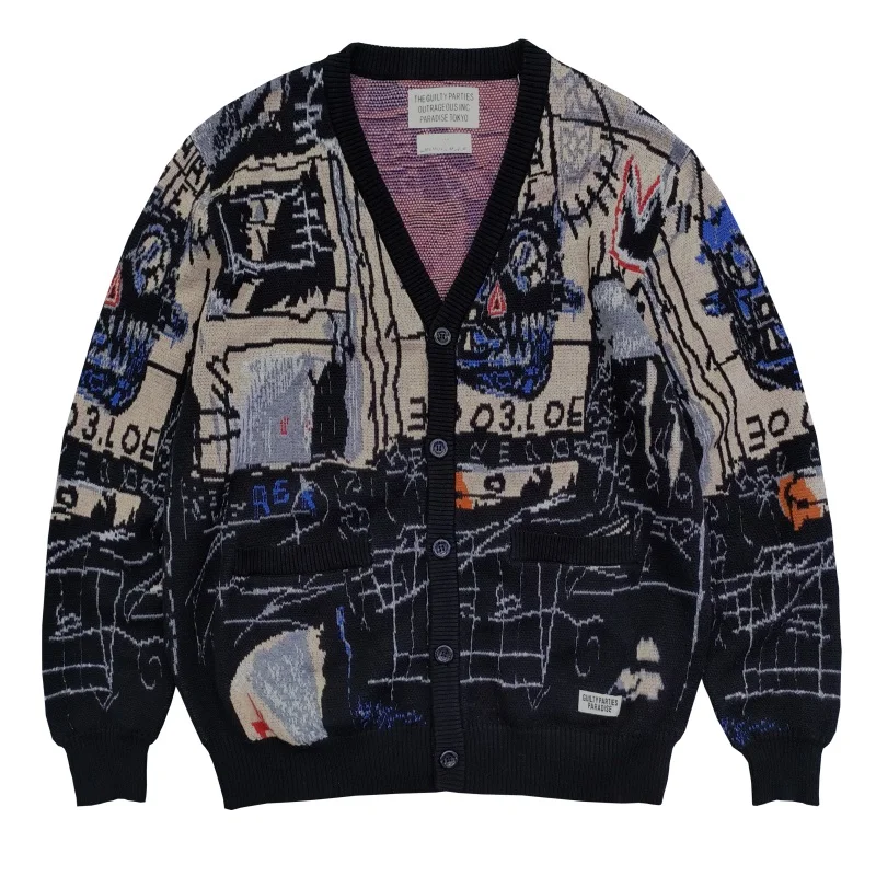 Best Quality Trend Winter Cardigan WACKO MARIA Artist Graffiti Japanese Casual Style Cotton Knit Men's Women's Brand Sweater