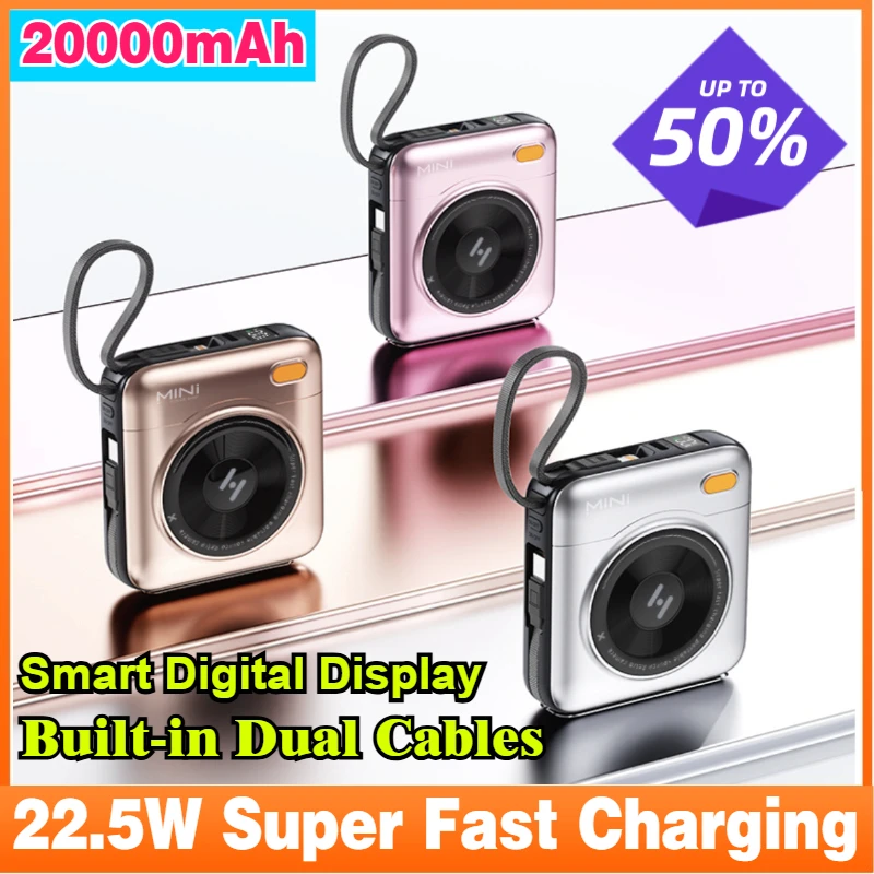 New PD22.5W 20000mAh Mini Power Bank Ultra-thin Compact Portable Fast Charging Power Supply with Built-in Cable