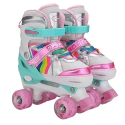 Pink Roller Skates Shoes for Children, Adjustable Quad Skating Sneakers, 4 Flash Wheels, 2 Row Line, Gift for Boys and Girls