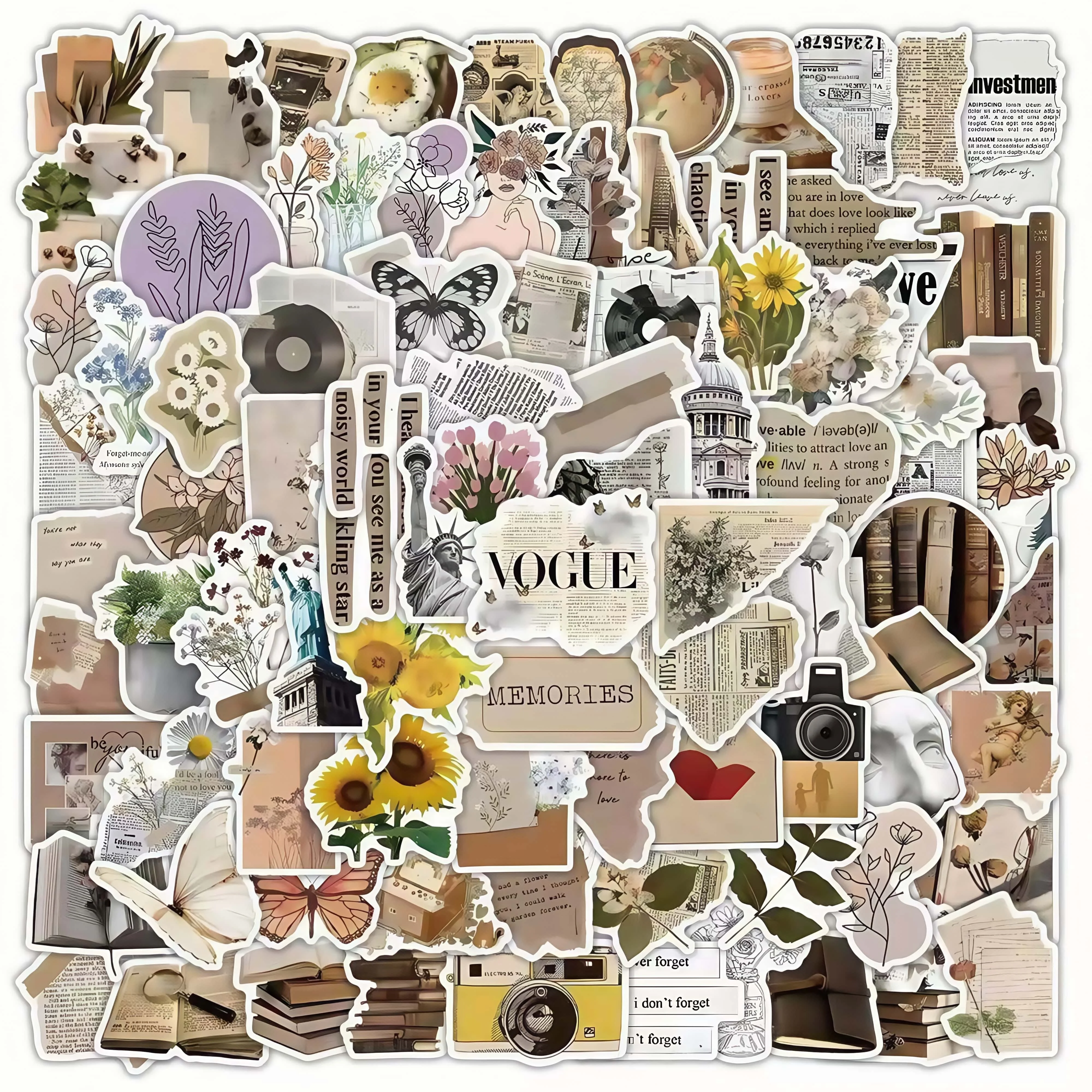 

99PCS Vintage Aesthetic Stickers Pack, Retro Floral & Camera Elements Decals, Waterproof DIY Decor for Journal Scrapbook Laptop