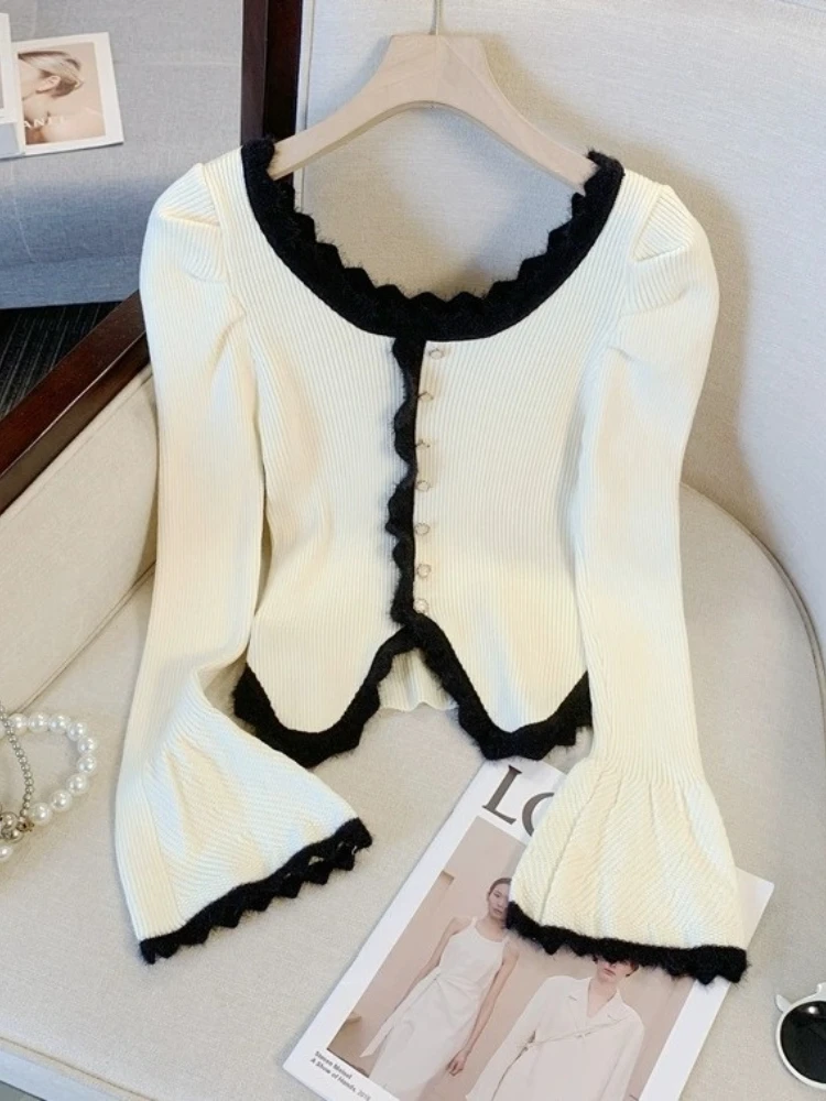 Y2K Temperament Women Cardigan Tops 2024 Ropa Mujer Pull Femme Knitted Tunic Sweater Coat Ruffles Chic Sweet Sueter