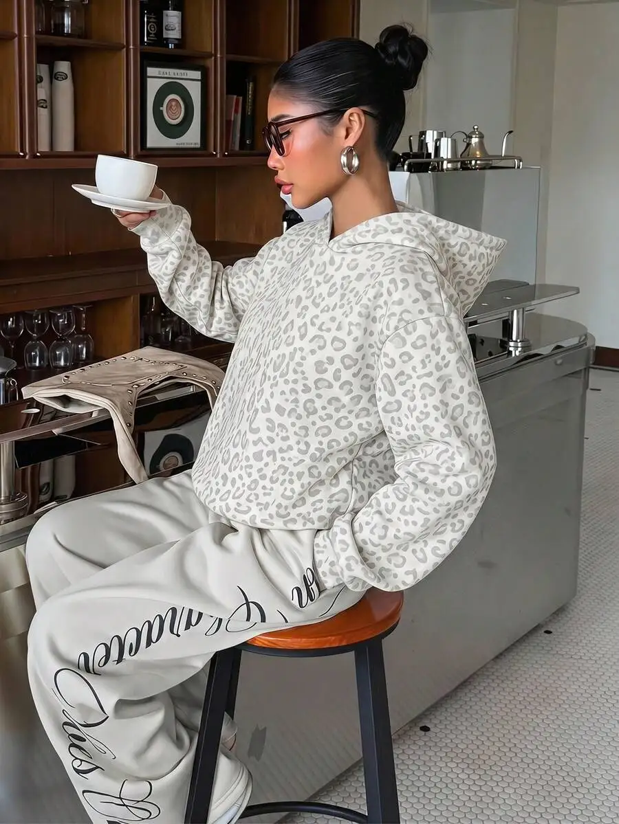 Women's Autumn Winter Leopard Print Long Sleeve Hooded Pullover Sweatshirt