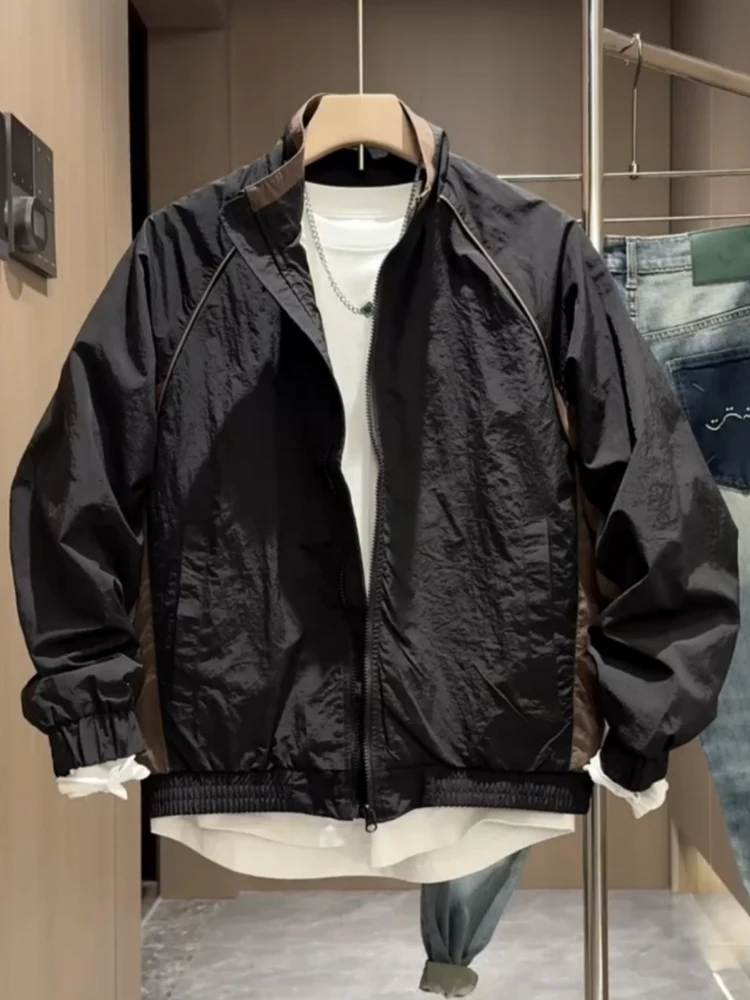 

Spring Summer Men's Casual Outdoor Jaet Stand Collar Splice Polyester Dry Fast Loose Fit Long Sve Zipper Closure Couples