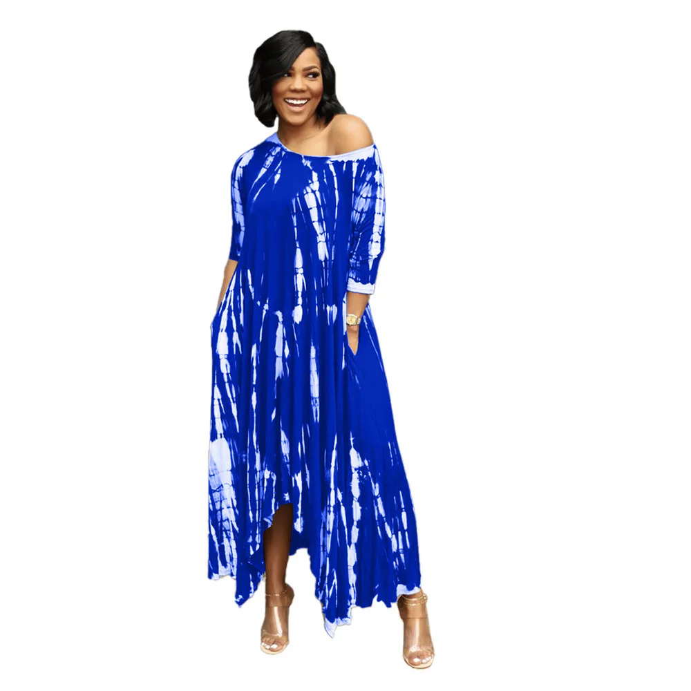 2024 AliExpress Europe and America Plus Size Women\'s Cross border Summer New Wide Neck Tie Dyed Split Pocket Dress