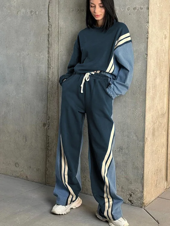 

Women's Striped Sweatirt And Pants Set Long Sve round Ne Casual Sportswear Two-Piece Suit Comfortable Polyester Blend