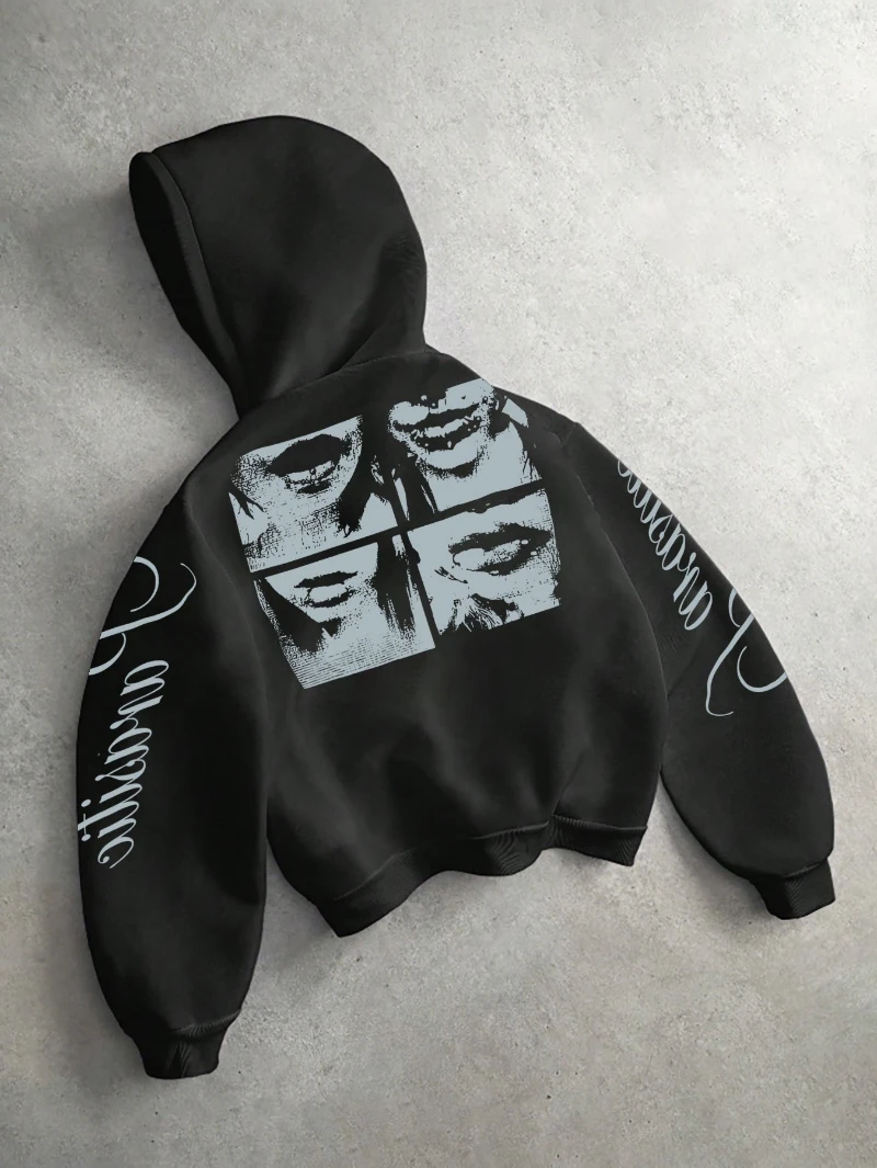 Men's American vintage-style hoodie featuring a Cupid's bow-and-arrow motif with a dotted pattern—a dark high-street casual top.