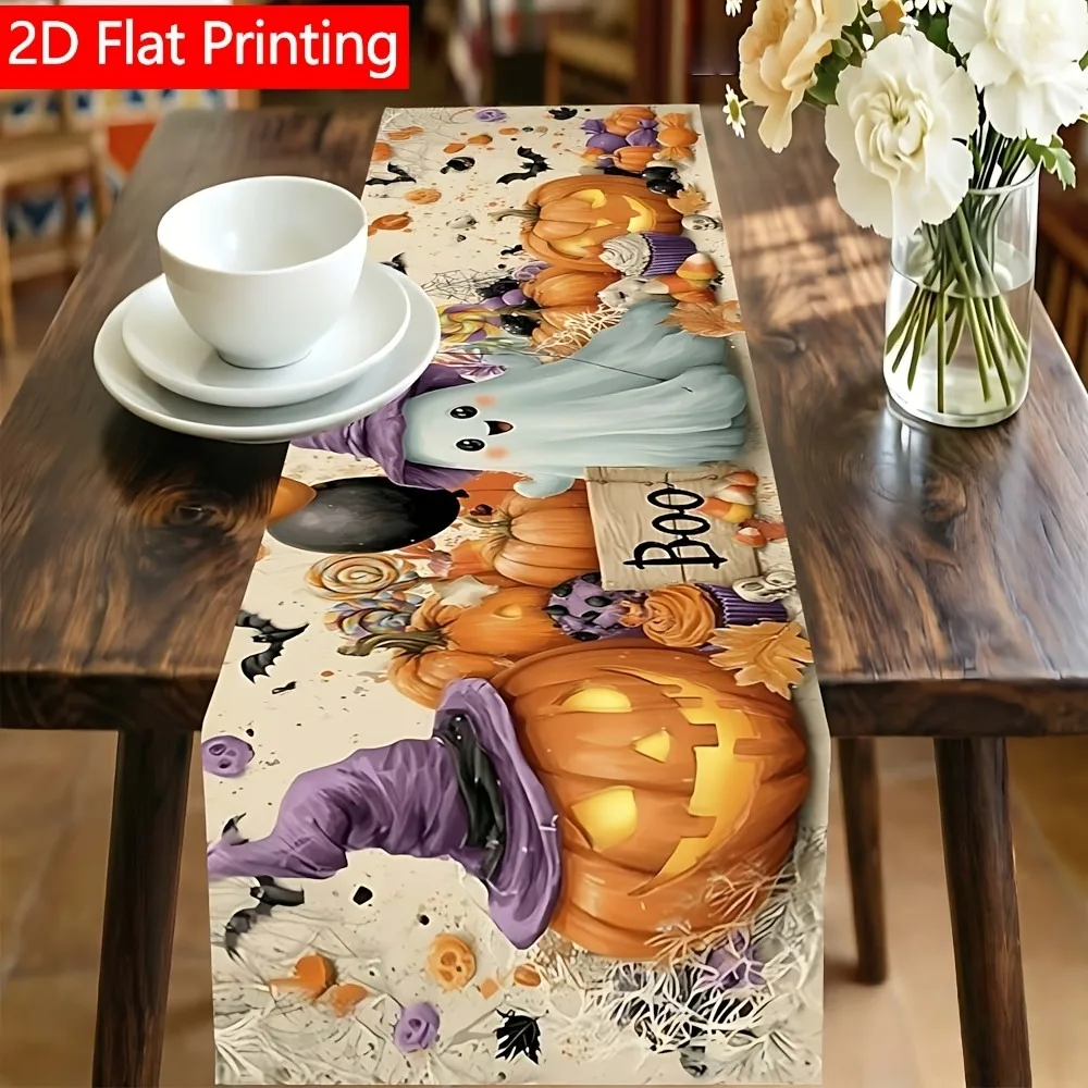 Cute Halloween Table Runner, Cartoon Ghost Pumpkin Candy Bat Print, Spooky Holiday Dining Table Home Party Decor