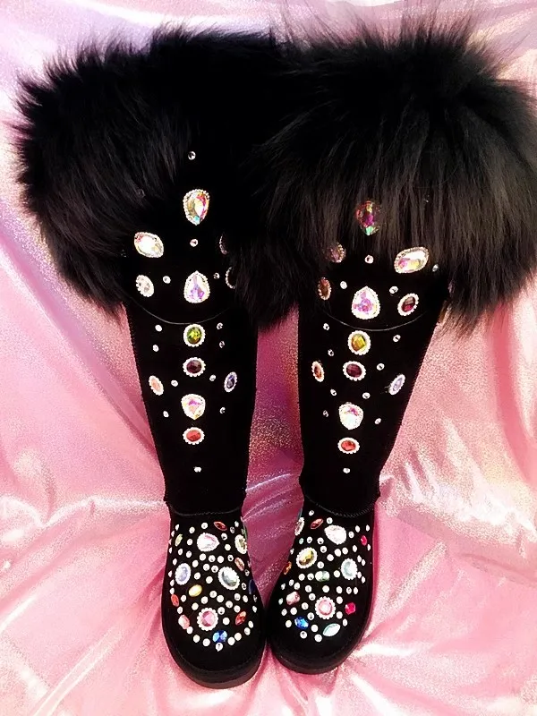 Glitter Colorful Diamond Crystal Fox Fur Wrapped Knee high Snow Boots Thick sole Fur inside Cow Suede Rhinestone Winter Boots