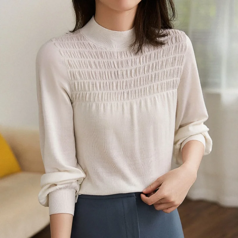 

Новый белый вязаный свитер с воротником-стойкой для женщин, пуловеры, свитера с длинным рукавом, женские топы, свитера Q3156