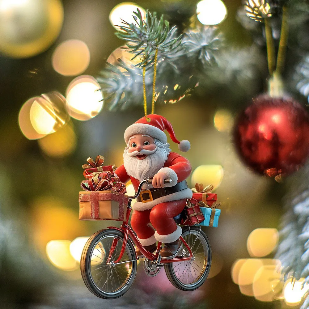 New Christmas Themed Santa Claus Riding a Bike to Give Gifts Car Interior Acrylic Pendant Motorcycle Rearview mirror decoration