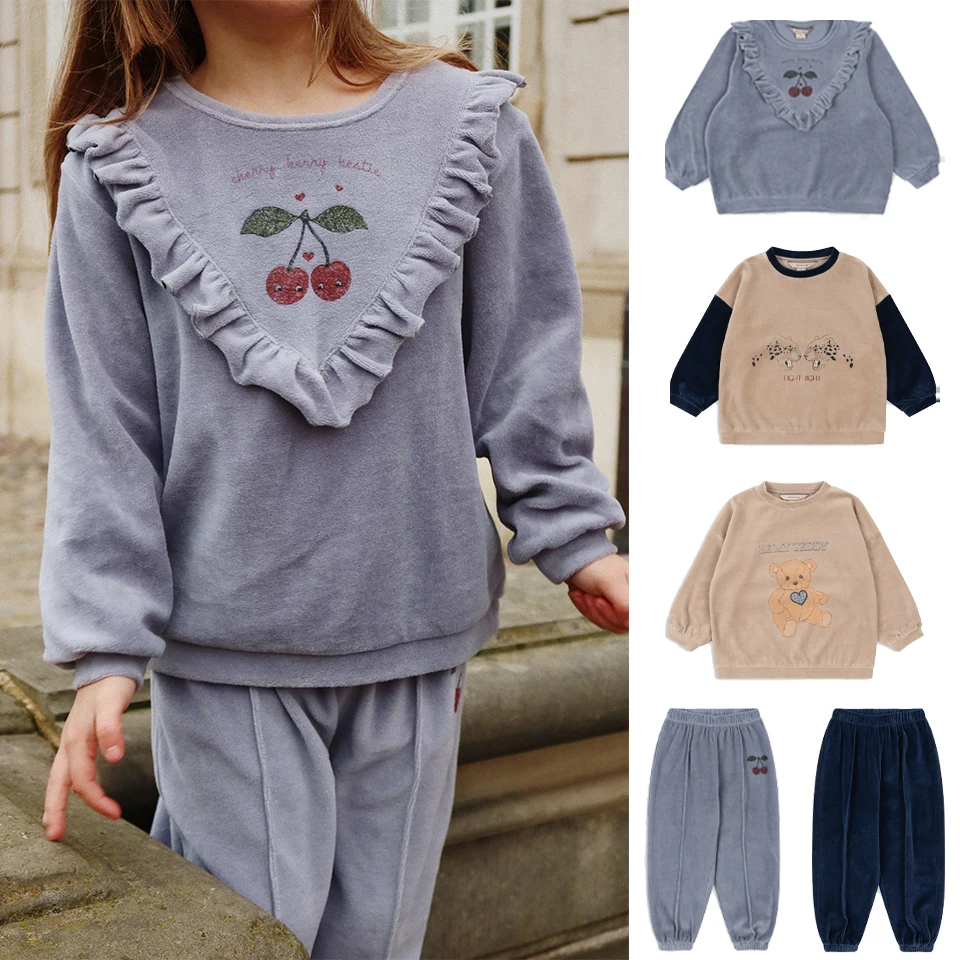 

Boys Soft Velvet Sweatshirts Tops Trousers 24 Autumn KS Girls Cute Velvet Casual Hoodies Pants Kids Outwear Children Clothes Set