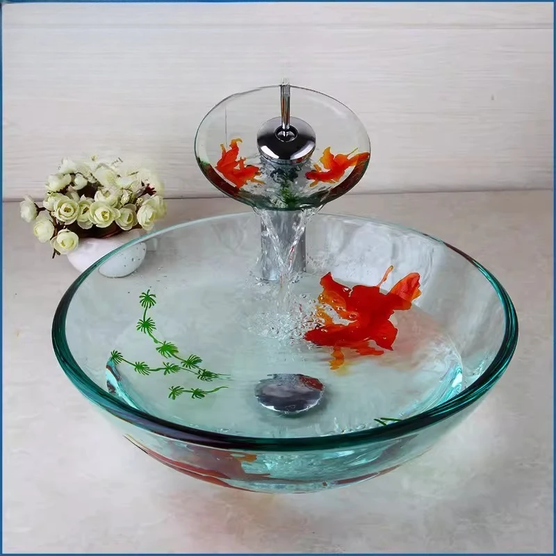 Modern Bathroom Glass Golden Fish Painted Vessel Sink Faucet