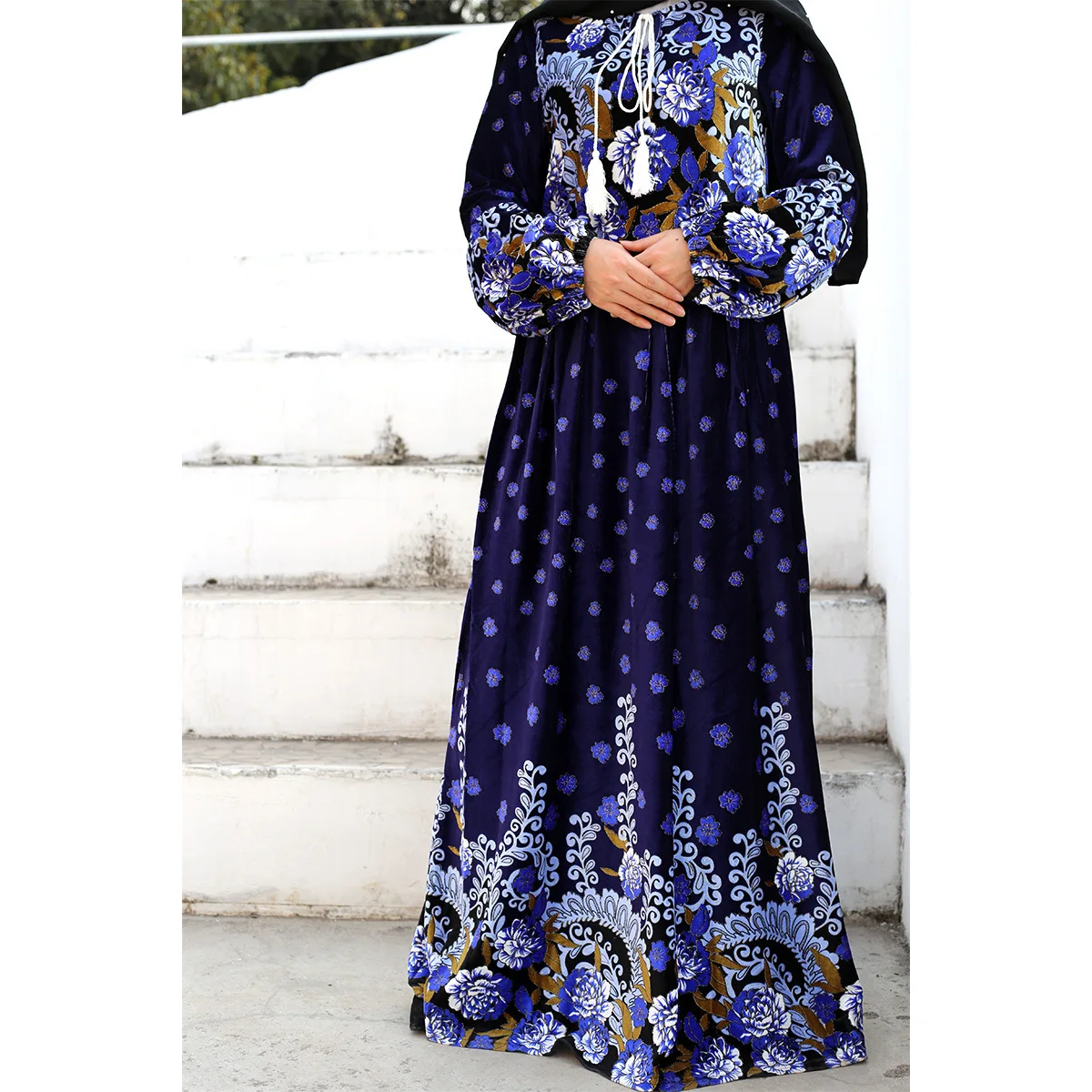 Plus-size Loose Dress for Women Corduroy Muslim Dress Women Autumn Winter Print Women Clothes Arab Turkish Dresses Abaya Dubai