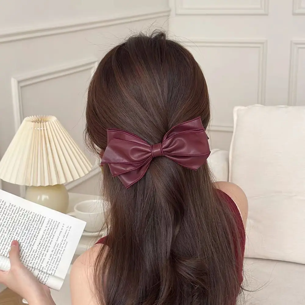 

Women Elegant Leather Bow Ribbon Hair Clips Korean Solid Hairpins Headdress Women Retro Bowknot Clip Hair Ties Hair Accessories