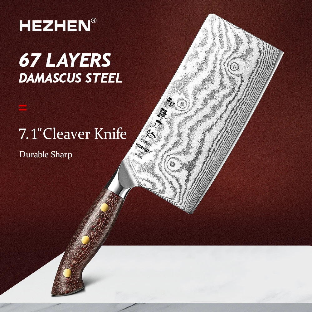 HEZHEN 7.1 Inch Cleaver Knife 67 Layers Damascus Steel Micarta Handle Chinesse Slicing Kitchen Cook vegetables Knife