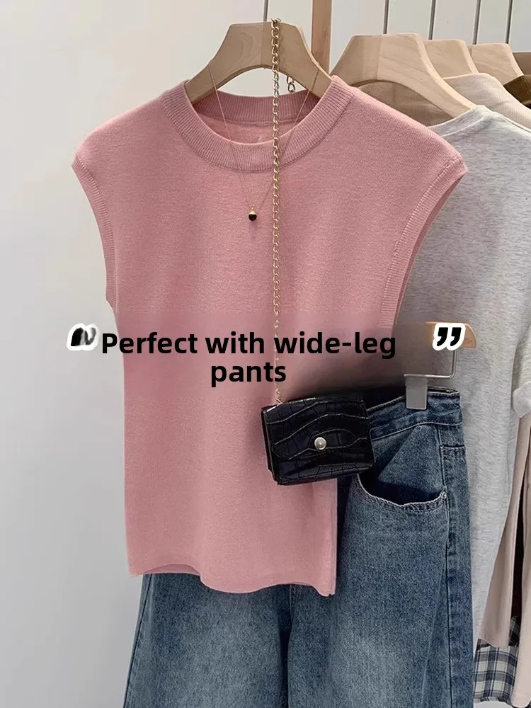 

Pink Knitted Svel round Ne Vest Women's Summer New Sle Unique Single Wear Commute Sle Korean Version Slim Fit