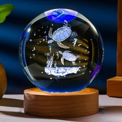 3D Sea Turtle Crystal Ball Night Light 6cm Crystal Glass Sphere with LED Wooden Base Home Decor gift for Women Friends Girls