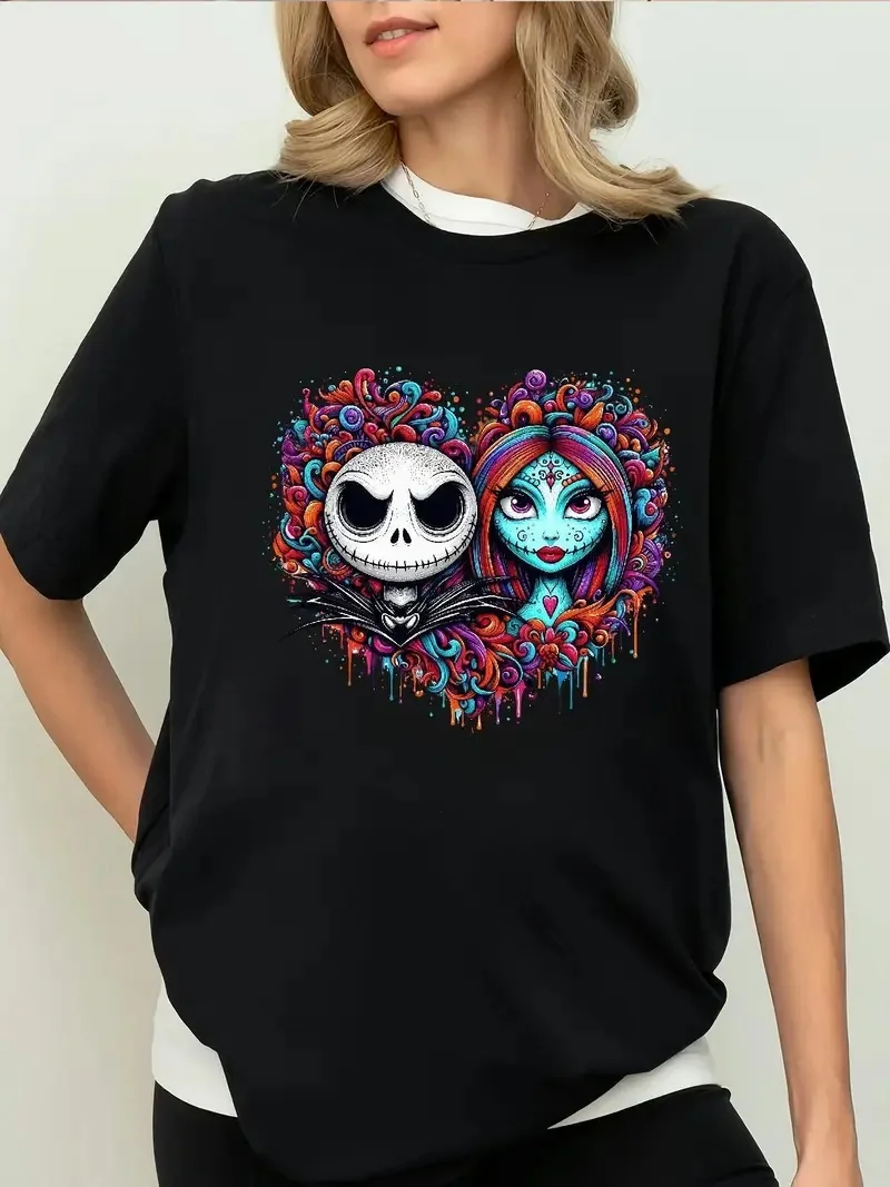

2025 Disney Pattern Printed Women's Casual Comfortable Unique Smiling Face Black Round Neck Short Sleeve T-shirt