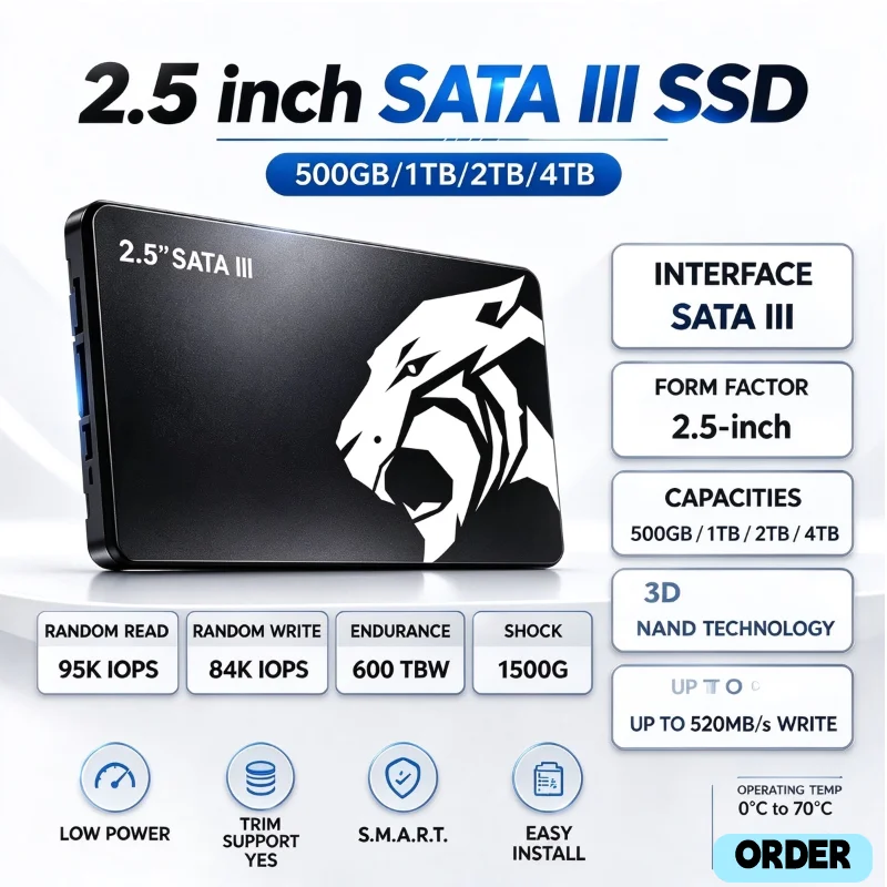 2.5" SATA 3 Original High Speed SSD Solid State Drive 1TB 2TB 4TB Fast Solid Disk for Gaming Office Laptop and Desktop Upgrade