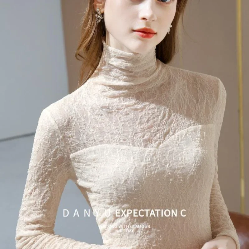 Fleece/unfleece Undershirt Women's New  Spring New Pile Collar with A T-shirt High-grade Lace Shirt Women Women's Clothing