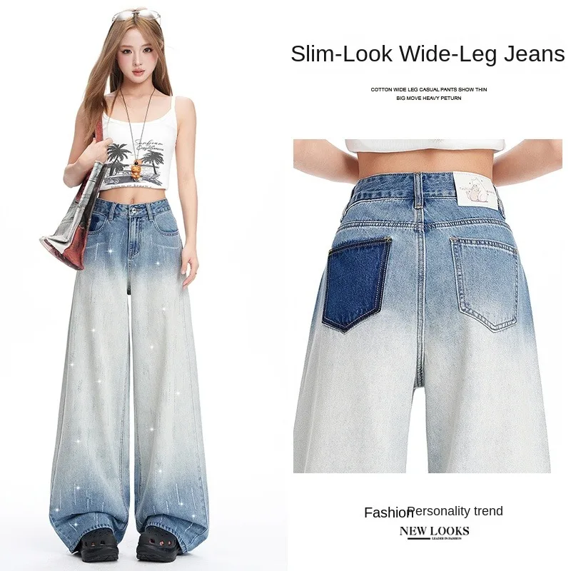Spring Autumn Women's American Gradient High Waist Wide Leg Denim Pants Sparkling Rhinestone Slim Design