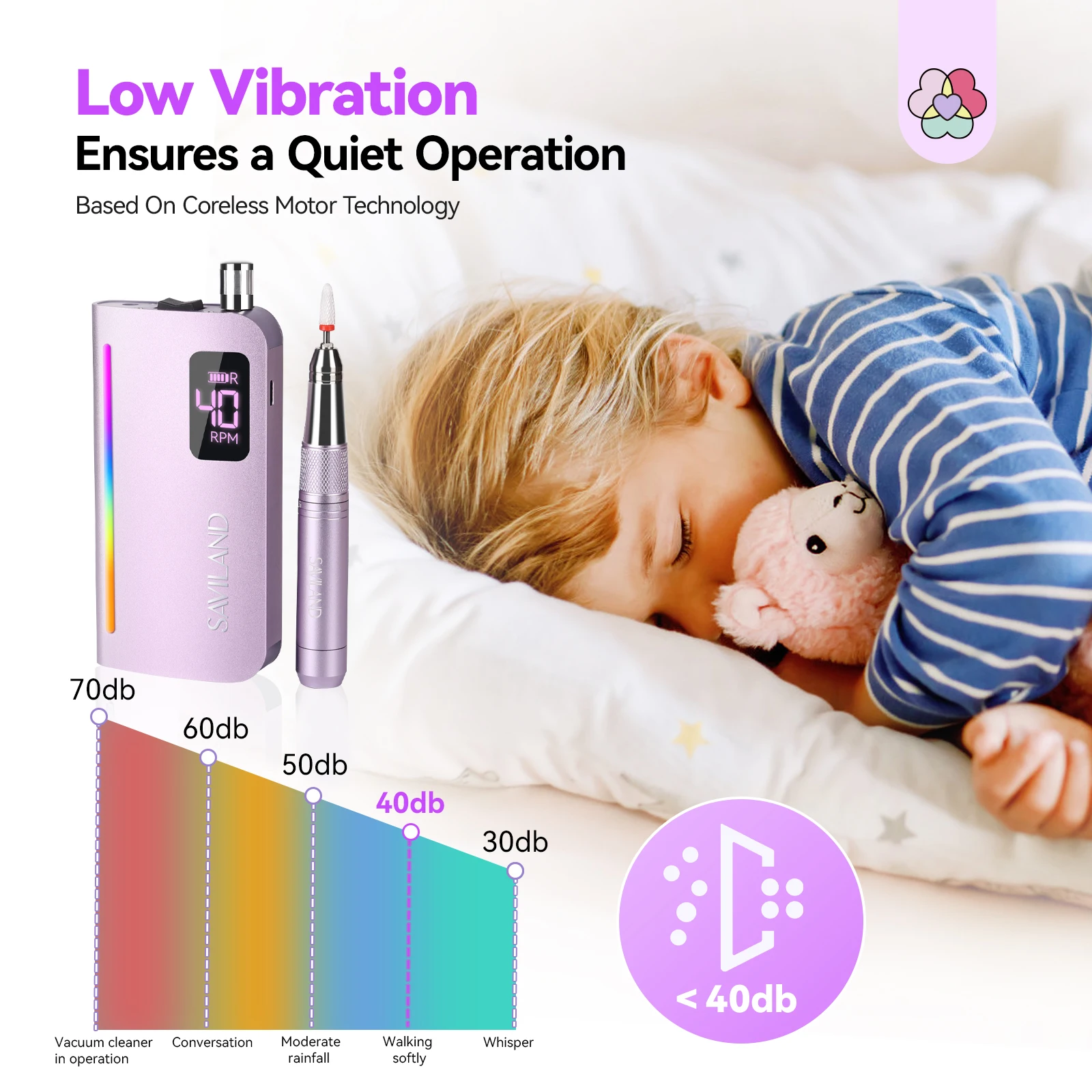 사빌랜드 고급 네일 드릴 40000 RPM 저소음 코어리스 모터 15시간 긴 배터리 수명 저진동 조명 포함 전문가용 살롱용